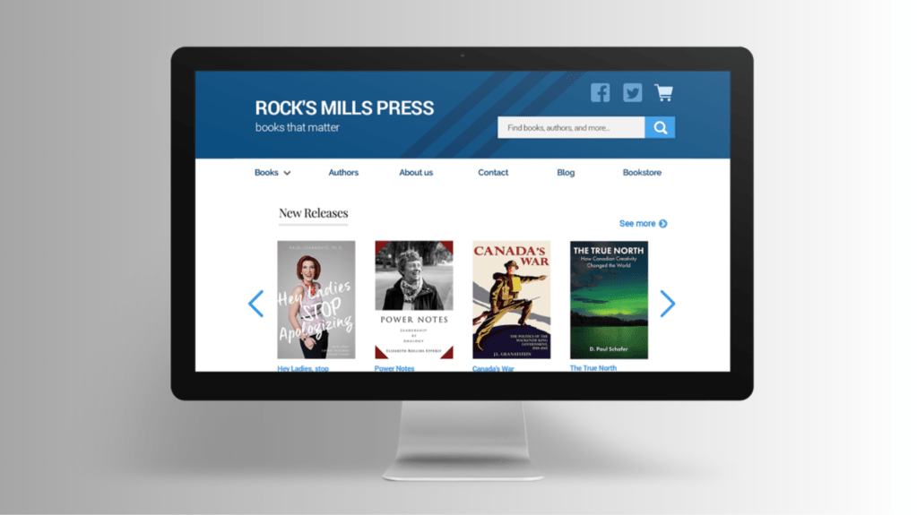 An image of a desktop computer with the website "Rock's Mills Press' opened on it.